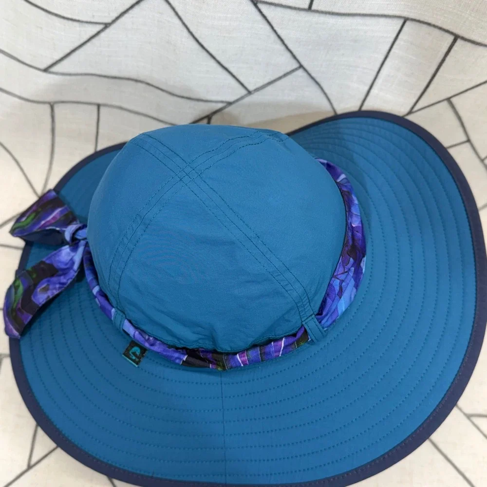 Sunday Afternoons Sun Hat One Size Teal Blue Floral Sash Wide Brim Hiking Hat
